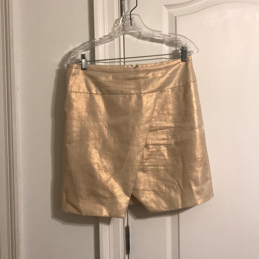 Metallic rose gold linen mini skirt w/ front slit